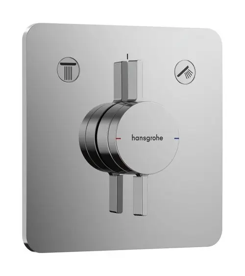 Wandmontierter Mischwasserregler von Hansgrohe mit zwei Griffen zur Steuerung von Temperatur und Wasserfluss, in verchromter Ausführung.